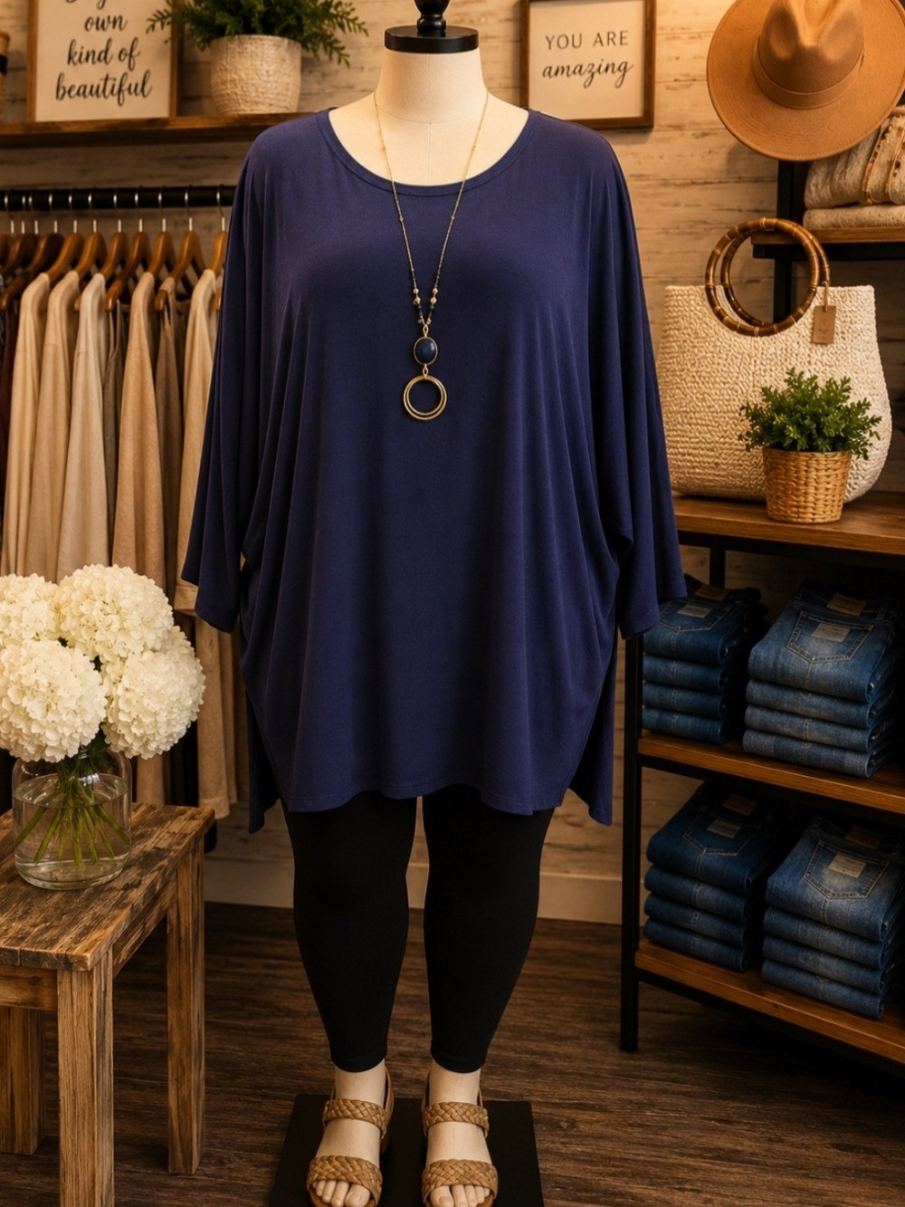 **Relaxed Navy Scoop Neck Tunic Top